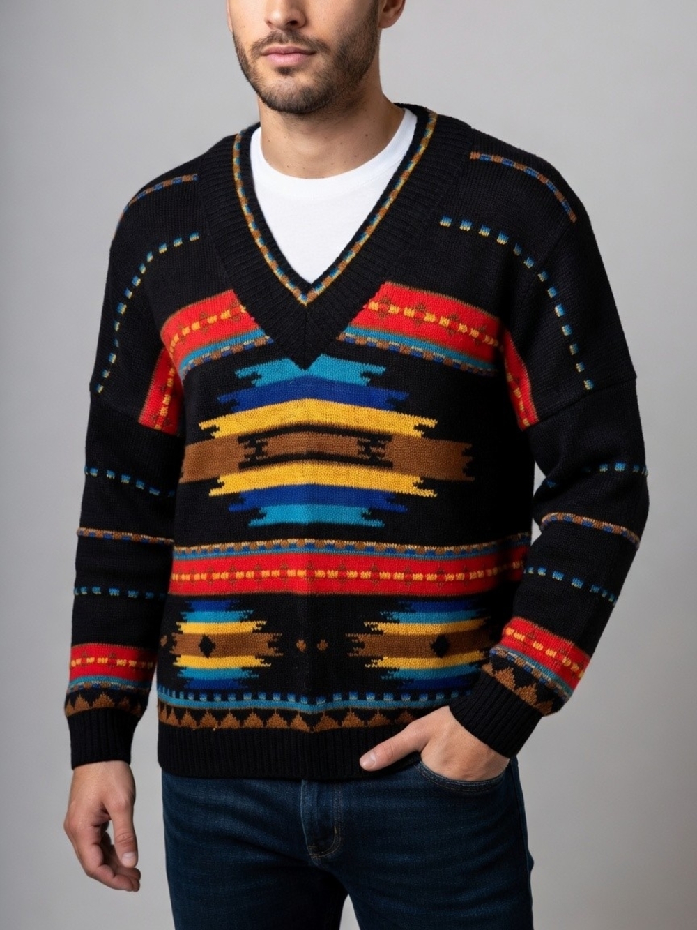 Sears Vintage Men's Black V-Neck Colorful Southwestern Pattern Sweater Size XL